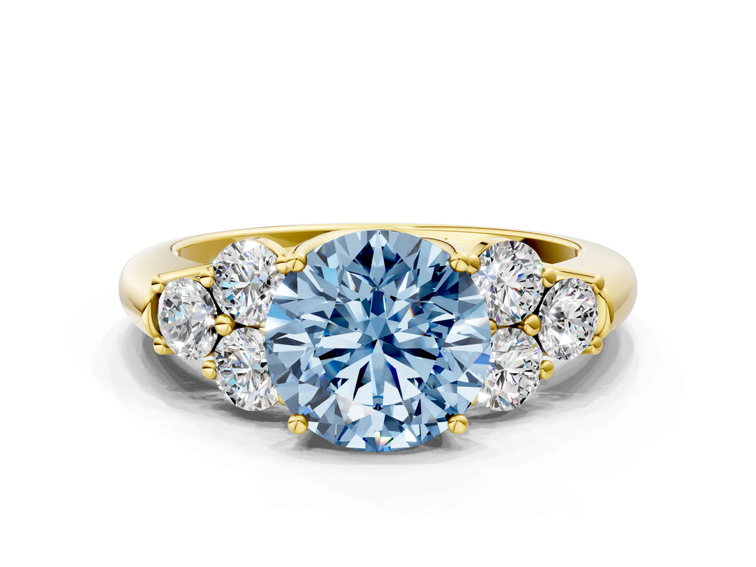 Yellow gold Fancy Blue Round  Cut Diamond Cluster Ring with Round Accent Stones and Prong Setting on a Classic Band_52