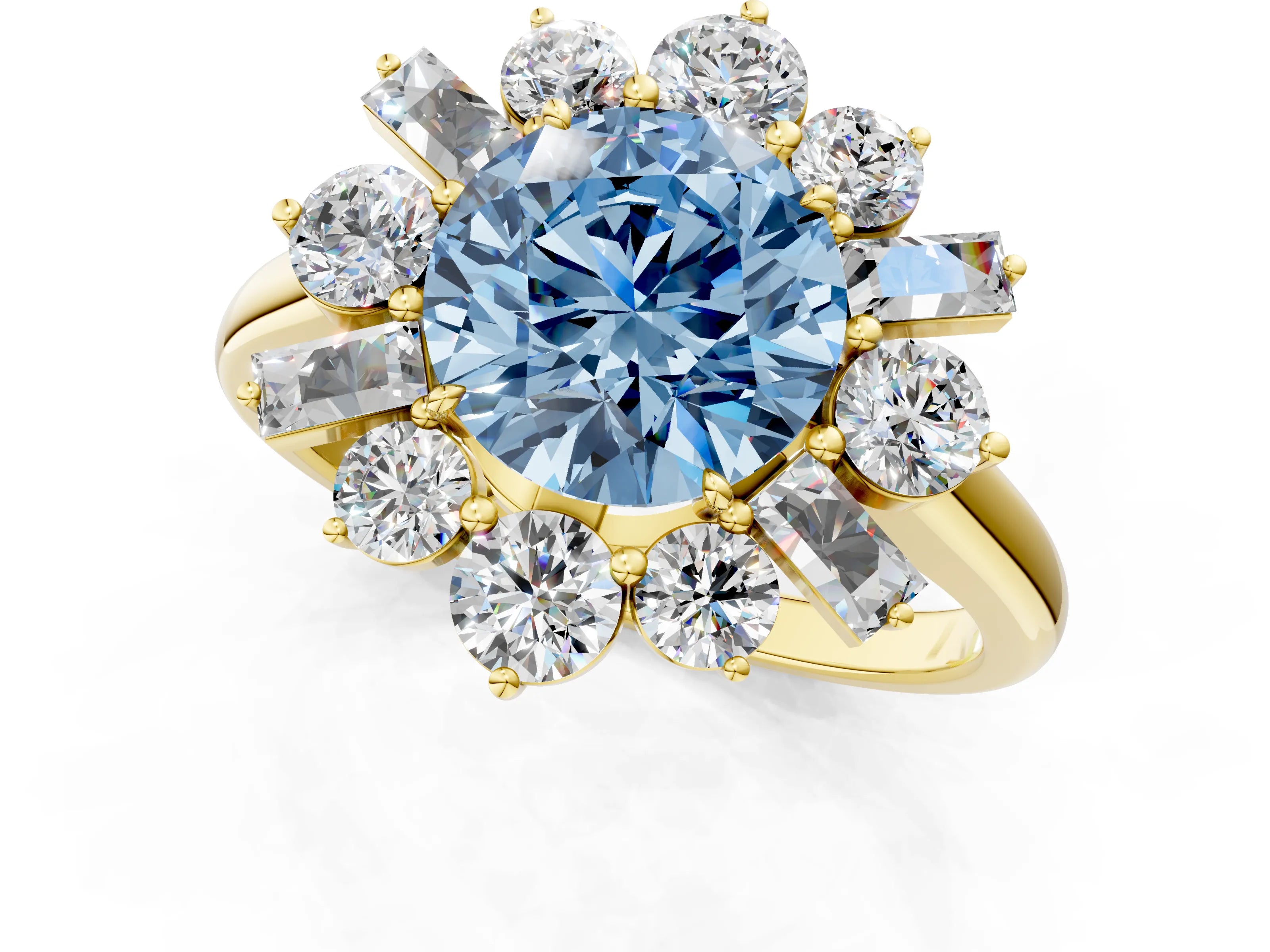 Yellow gold Fancy Blue Round Cut Diamond Cluster Ring with Round and Baguette Stones, Split Shank Band, Prong Setting_1