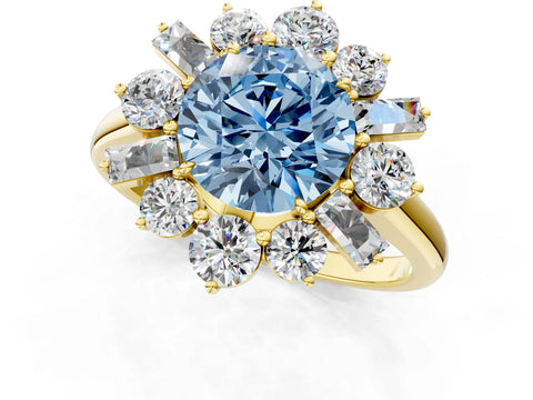 Yellow gold Fancy Blue Round Cut Diamond Cluster Ring with Round and Baguette Stones, Split Shank Band, Prong Setting_1