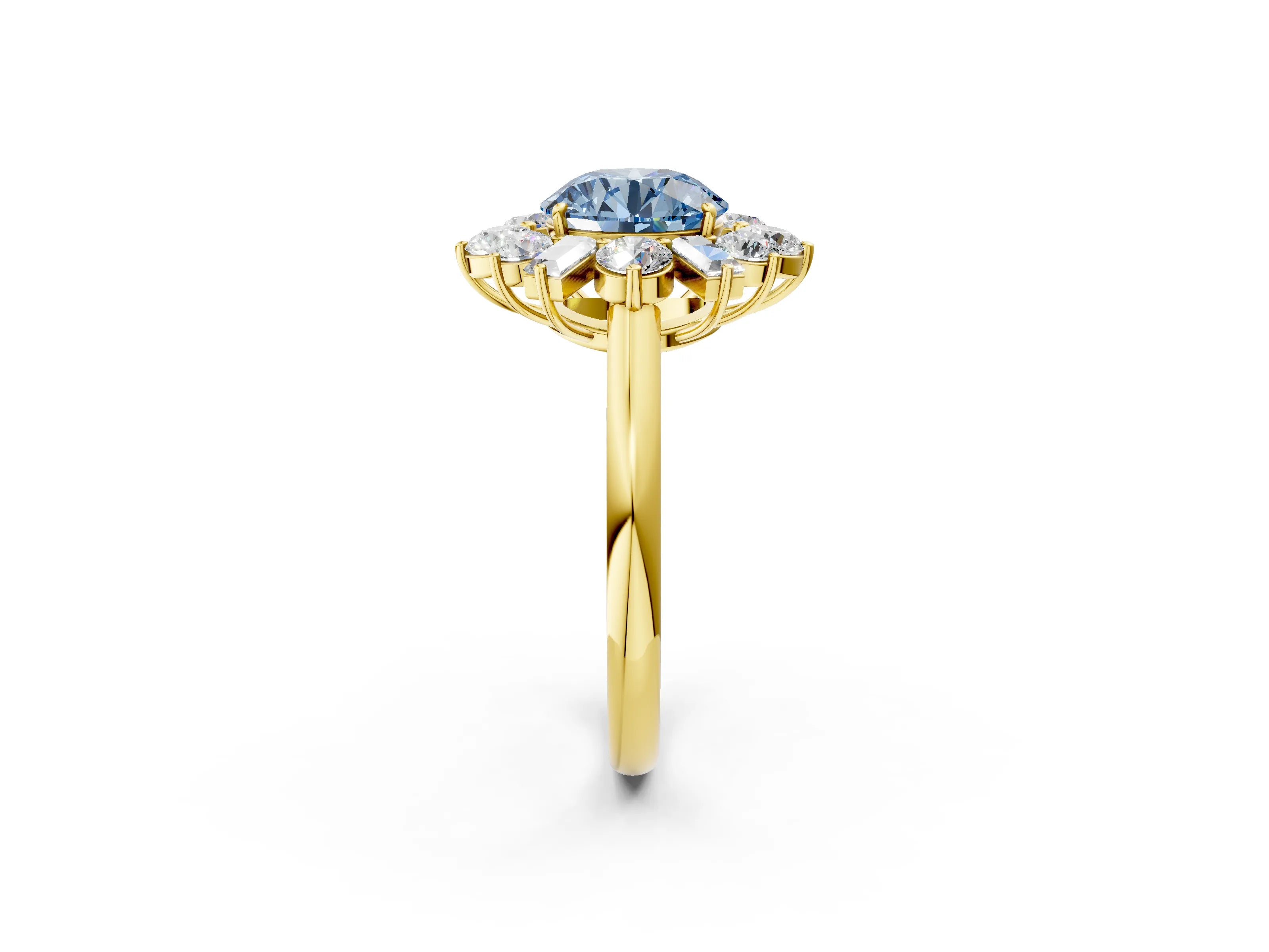 Yellow gold Fancy Blue Round Cut Diamond Cluster Ring with Round and Baguette Stones, Split Shank Band, Prong Setting_2