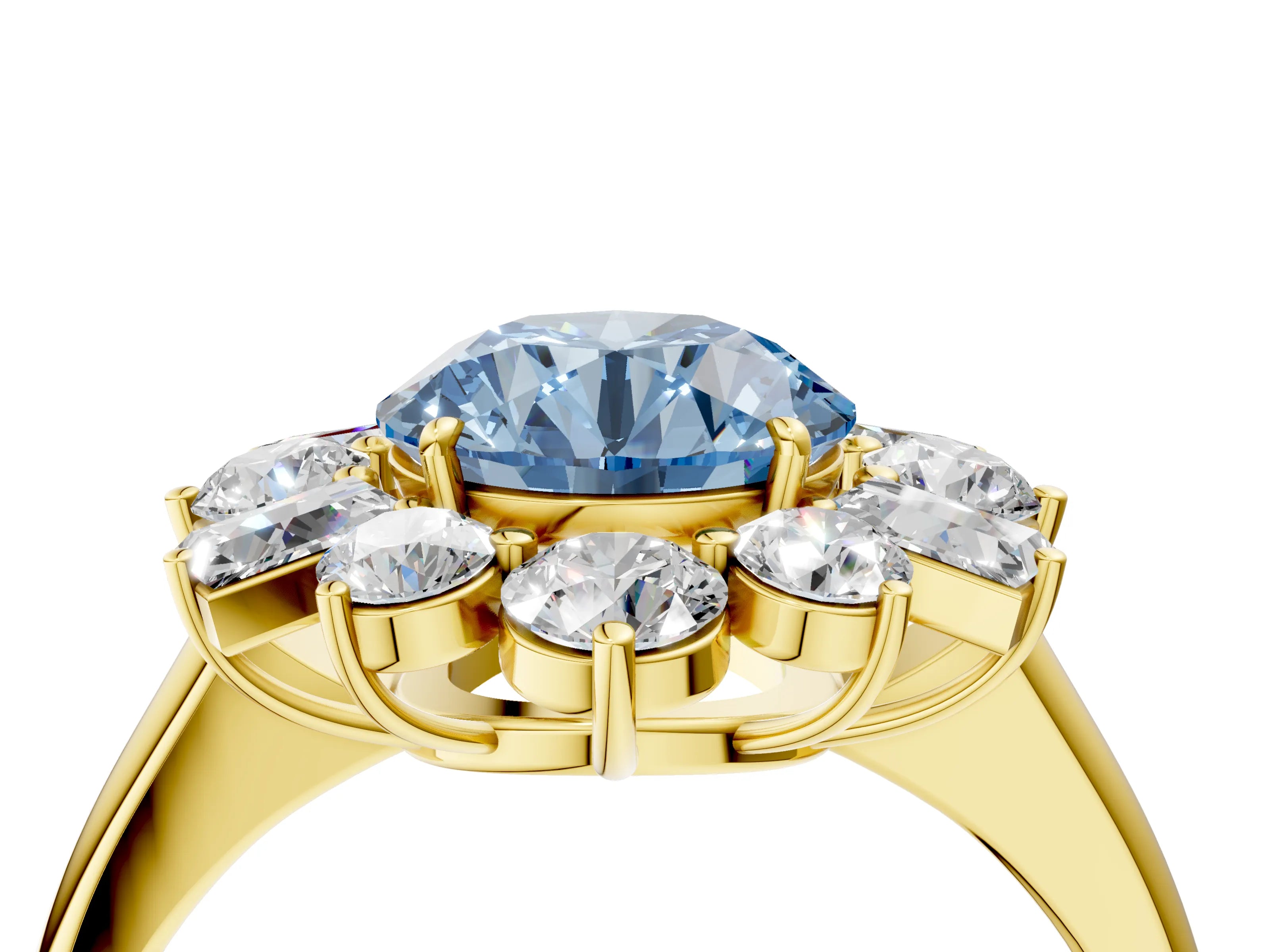 Yellow gold Fancy Blue Round Cut Diamond Cluster Ring with Round and Baguette Stones, Split Shank Band, Prong Setting_4