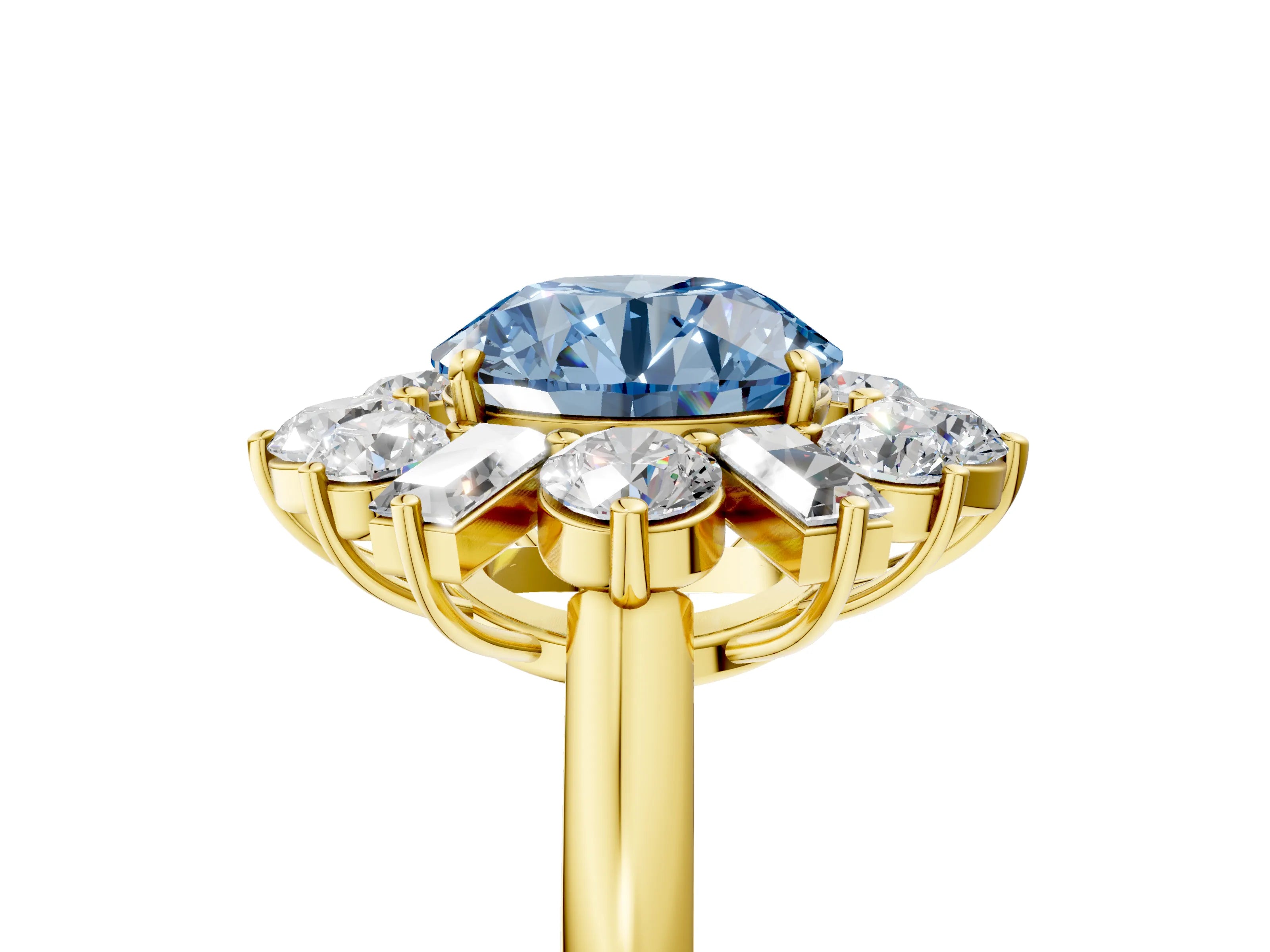 Yellow gold Fancy Blue Round Cut Diamond Cluster Ring with Round and Baguette Stones, Split Shank Band, Prong Setting_5