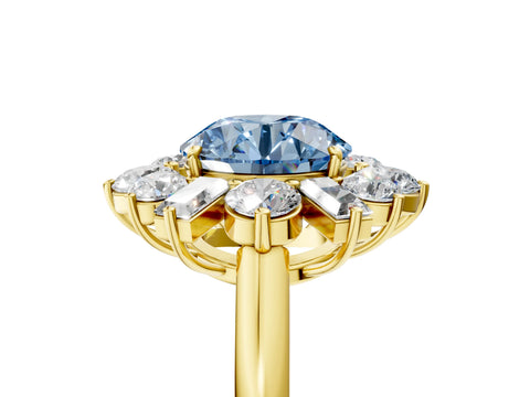 Yellow gold Fancy Blue Round Cut Diamond Cluster Ring with Round and Baguette Stones, Split Shank Band, Prong Setting_5