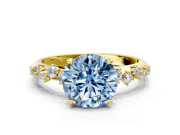 Yellow gold Fancy Blue Round Cut Diamond Cluster Side Stone Solitaire Ring with Prong Setting