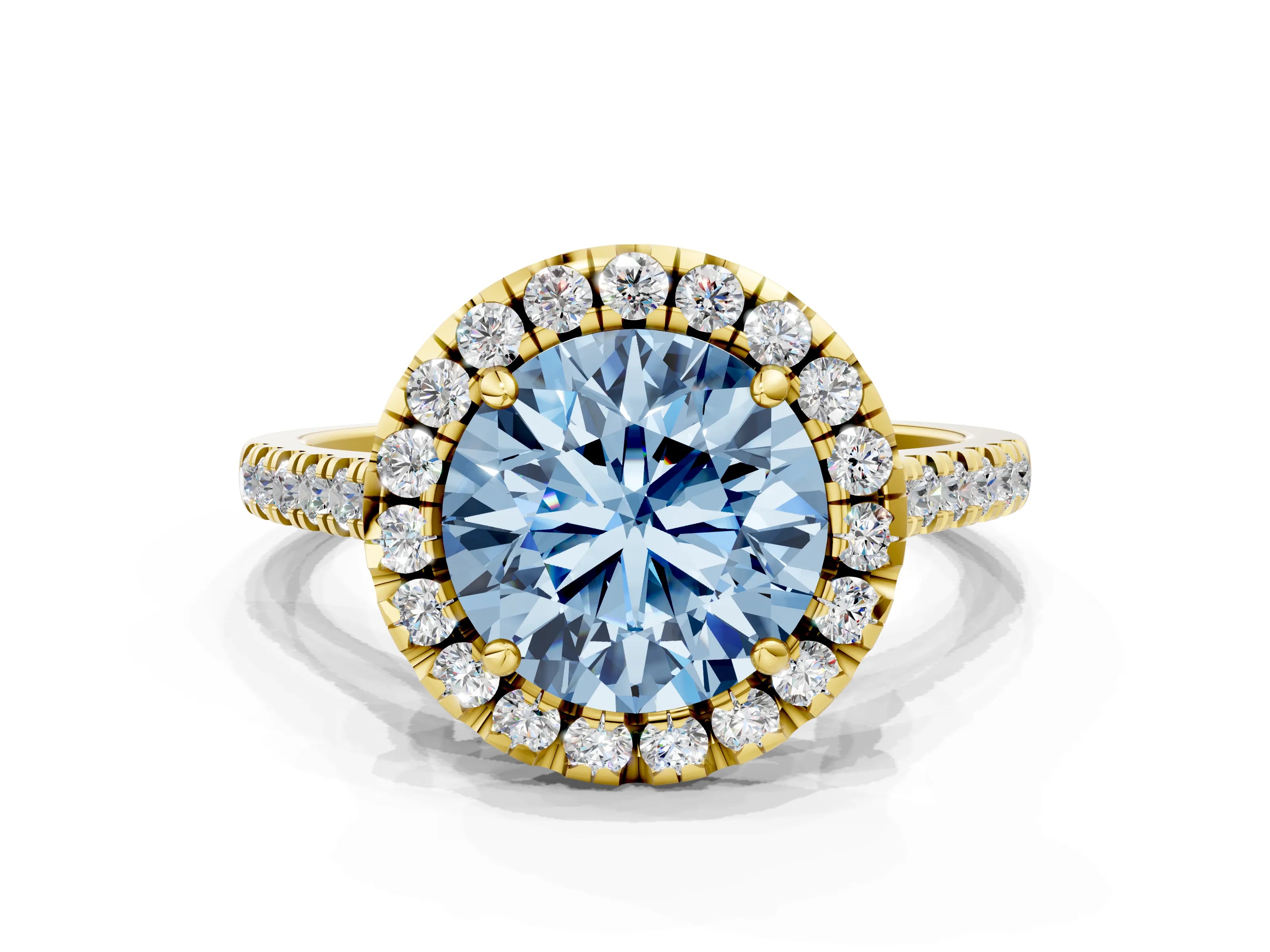 Yellow gold Fancy Blue Round Cut Diamond Cushion Halo Ring with Pavé Band
