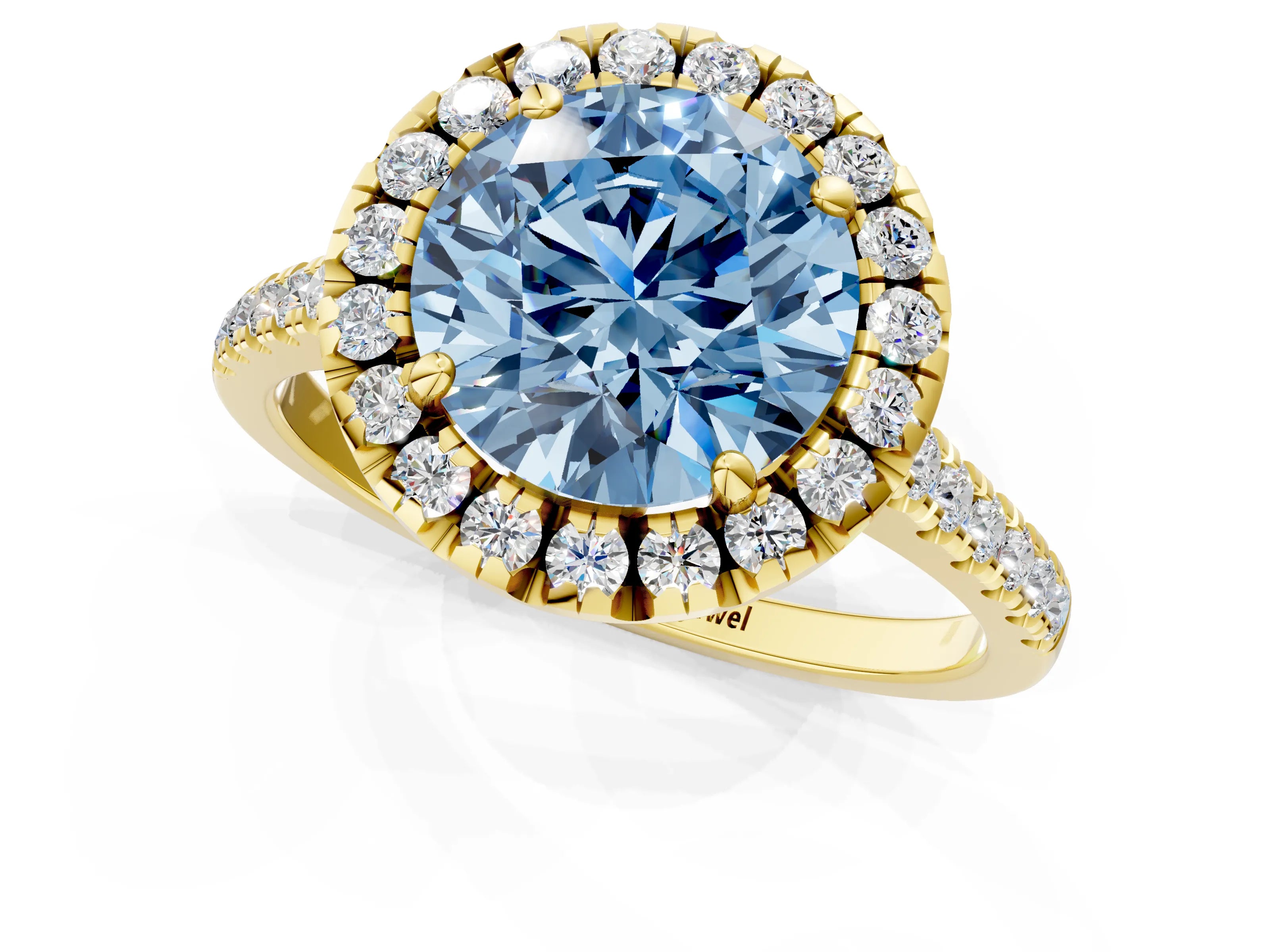 Yellow gold Fancy Blue Round Cut Diamond Cushion Halo Ring with Pavé Band_1