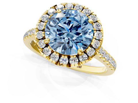 Yellow gold Fancy Blue Round Cut Diamond Cushion Halo Ring with Pavé Band_1