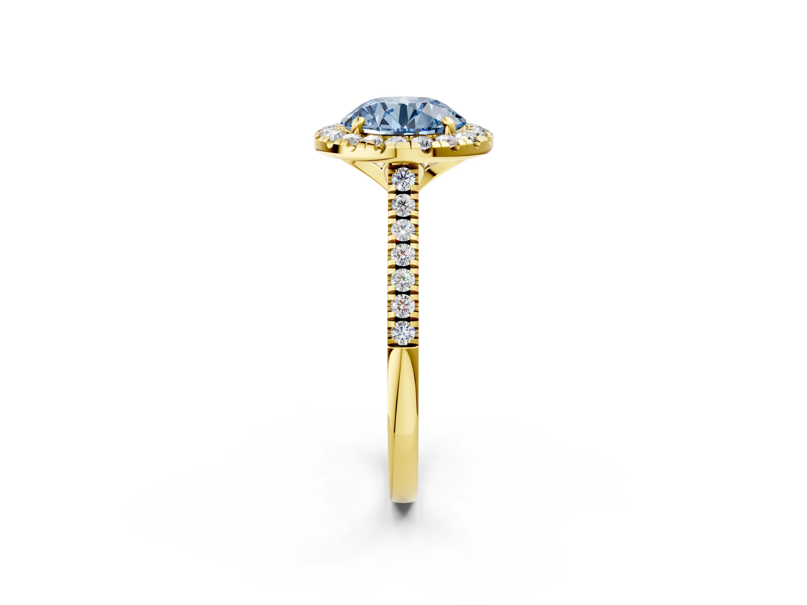 Yellow gold Fancy Blue Round Cut Diamond Cushion Halo Ring with Pavé Band_2