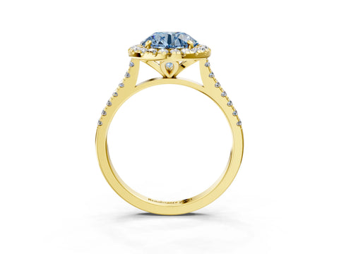 Yellow gold Fancy Blue Round Cut Diamond Cushion Halo Ring with Pavé Band_3
