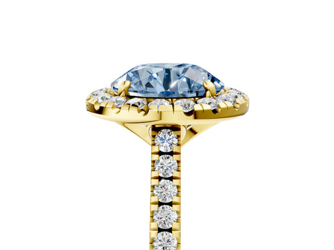 Yellow gold Fancy Blue Round Cut Diamond Cushion Halo Ring with Pavé Band_5