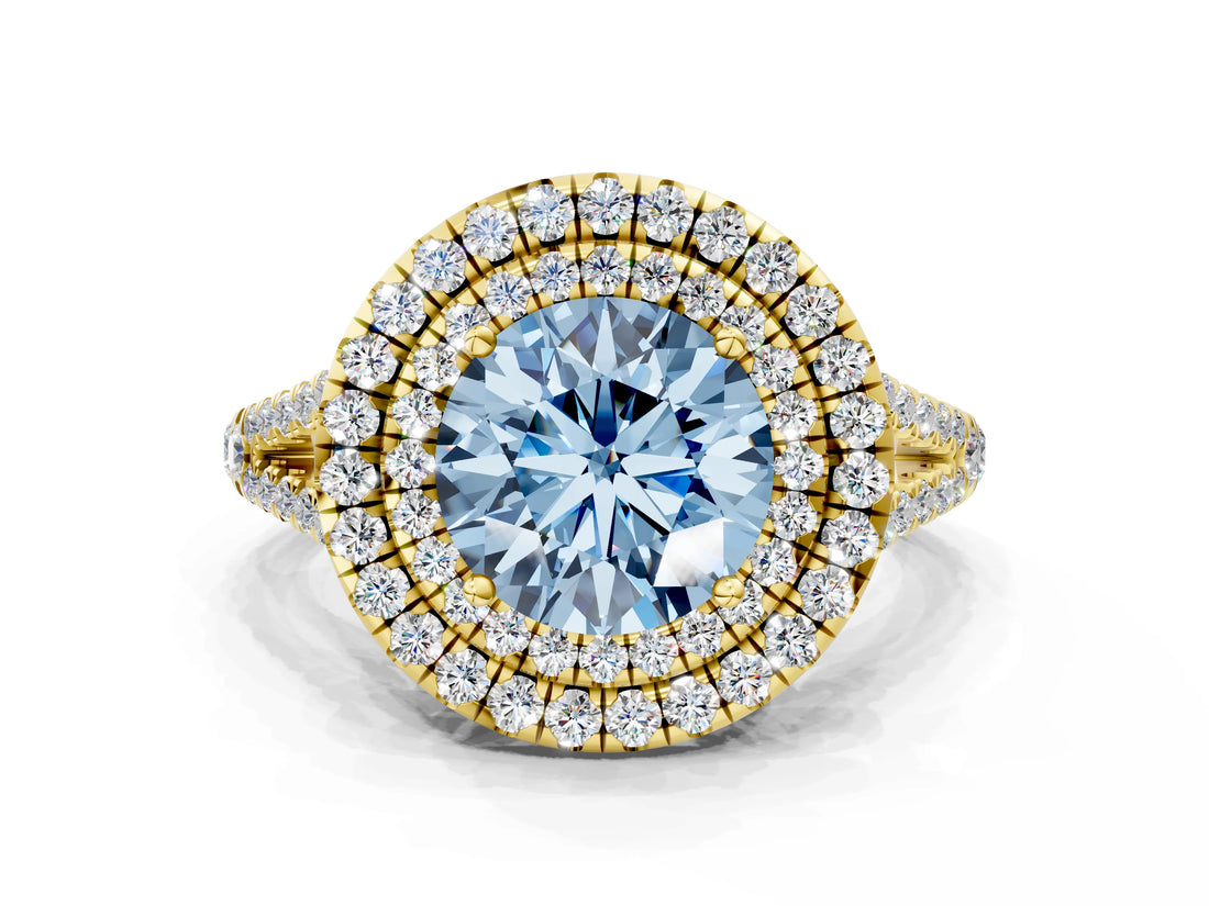 Yellow gold Fancy Blue Round Cut Diamond Double Halo Ring with Pavé Band and Prong Setting_58
