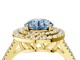 Yellow gold Fancy Blue Round Cut Diamond Double Halo Ring with Pavé Band and Prong Setting_62
