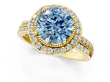 Yellow gold Fancy Blue Round Cut Diamond Double Halo Ring with Split Shank and Four-Prong Setting_1