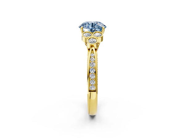 Yellow Gold Round Engagement Ring Setting for Fancy Blue Center with Bezel-Set Shoulder Clusters