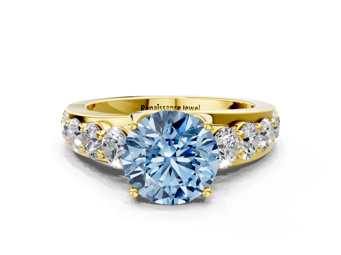 Yellow gold Fancy Blue Round  Cut Diamond Engagement Ring with Pavé Band and Four-Prong Setting_3