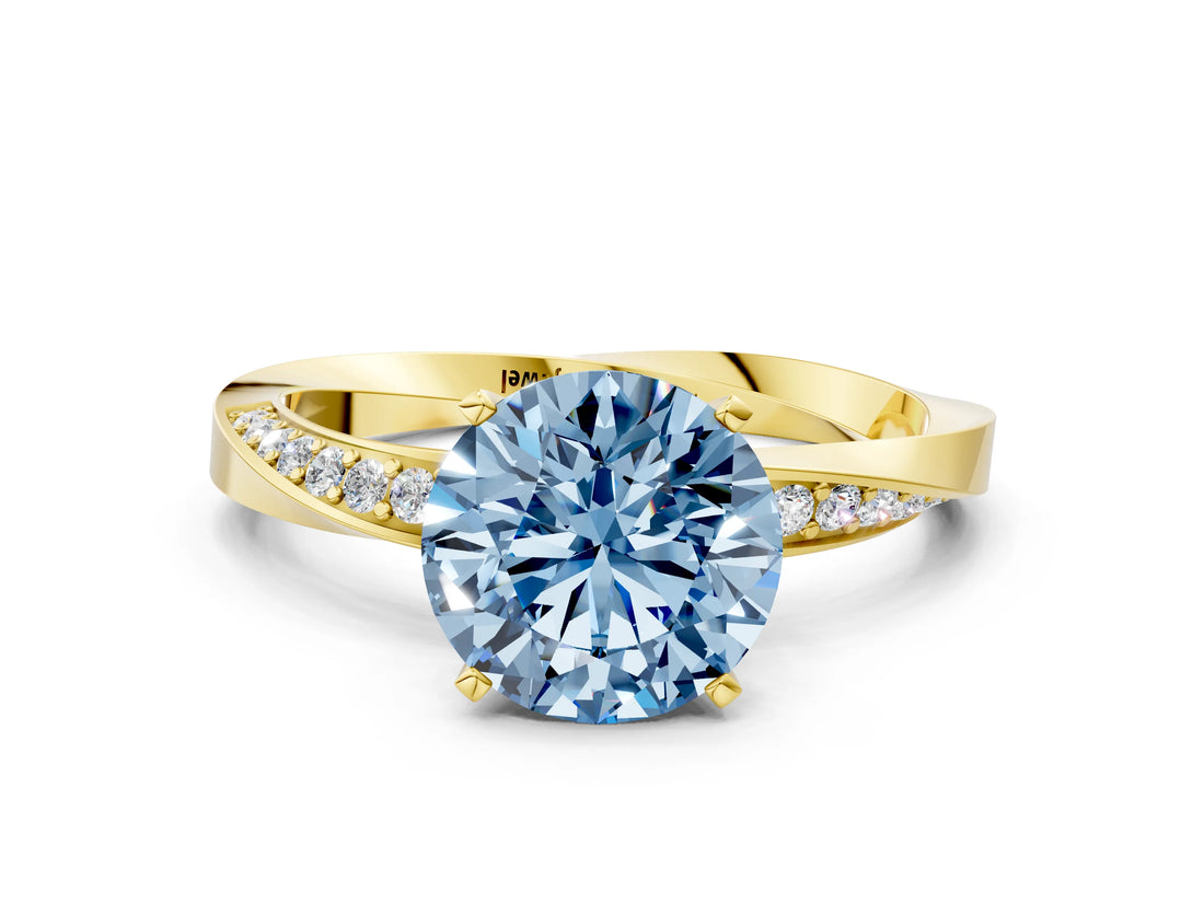 Yellow gold Fancy Blue Round Cut Diamond Engagement Ring with Side Stone Accents and Four-Prong Setting_12