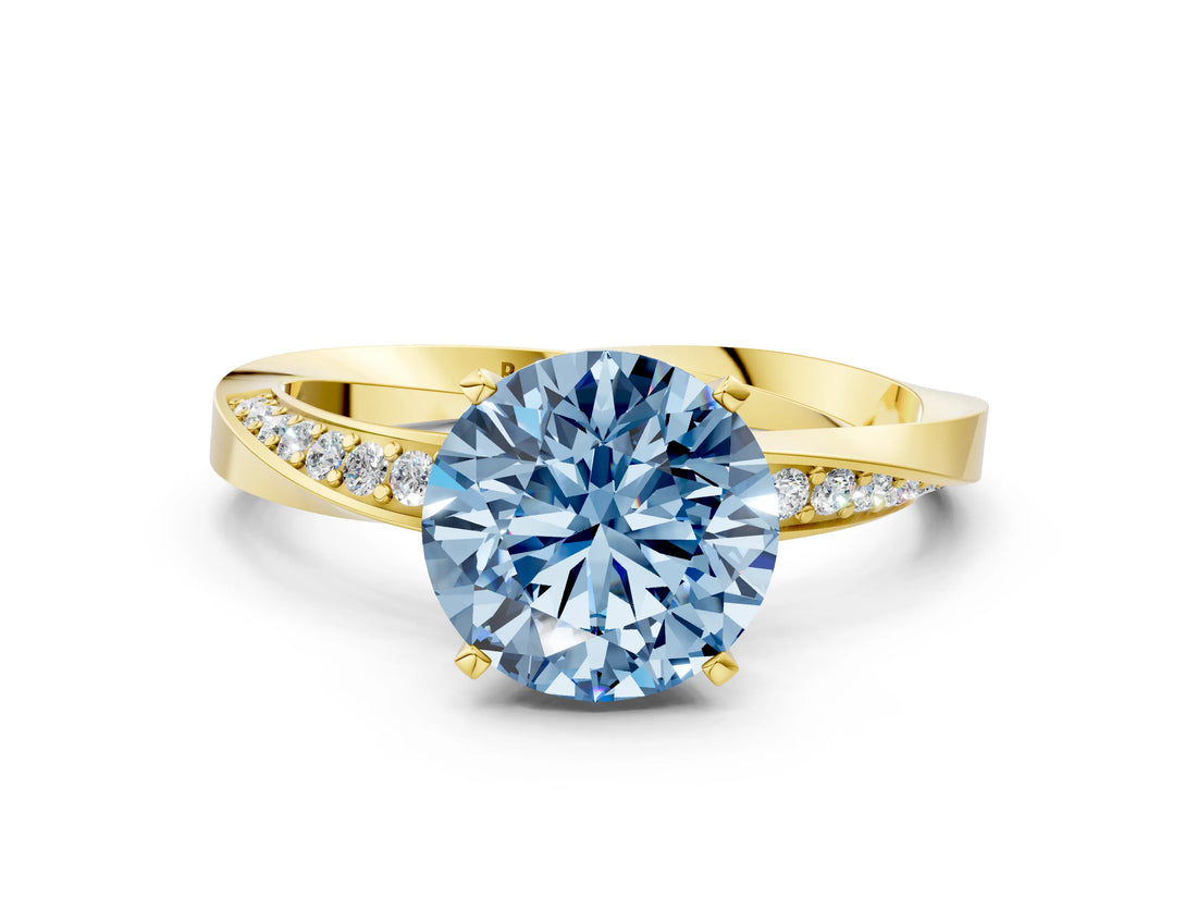 Yellow gold Fancy Blue Round Cut Diamond Engagement Ring with Side Stone Accents and Four-Prong Setting_72