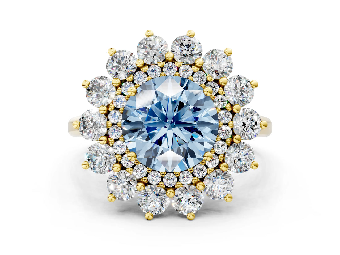 Yellow gold Fancy Blue Round Cut Diamond Floral Double Halo Engagement Ring with Prong Setting_24