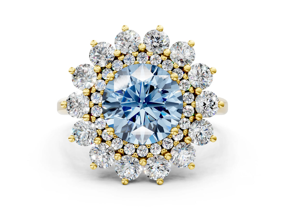 Yellow gold Fancy Blue Round Cut Diamond Floral Double Halo Engagement Ring with Prong Setting_72
