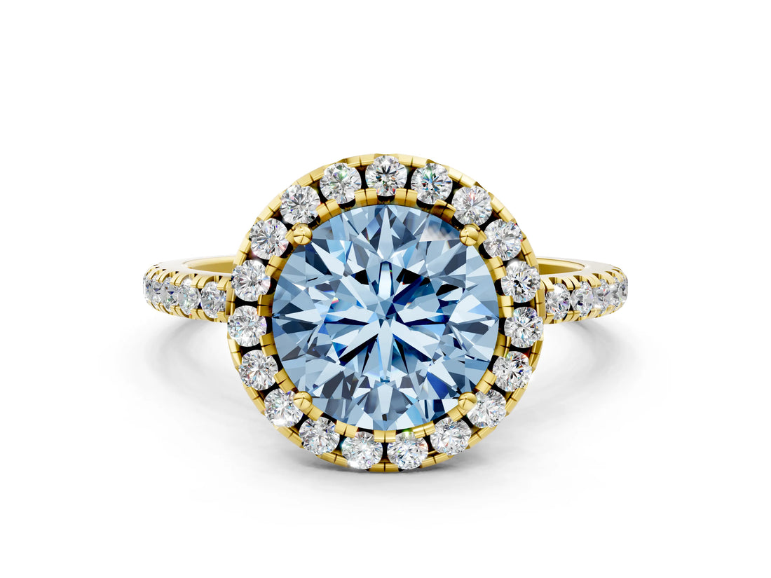 Yellow gold Fancy Blue Round  Cut Diamond Floral Halo Engagement Ring with Pavé Band and Prong Setting_37