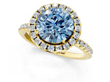 Yellow gold Fancy Blue Round  Cut Diamond Floral Halo Engagement Ring with Pavé Band and Prong Setting_38