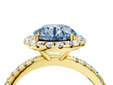 Yellow gold Fancy Blue Round  Cut Diamond Floral Halo Engagement Ring with Pavé Band and Prong Setting_41