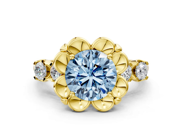 Yellow gold Fancy Blue Round  Cut Diamond Floral Halo Engagement Ring with Shared Prong Setting