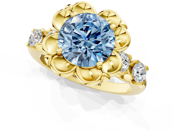 Yellow gold Fancy Blue Round  Cut Diamond Floral Halo Engagement Ring with Shared Prong Setting