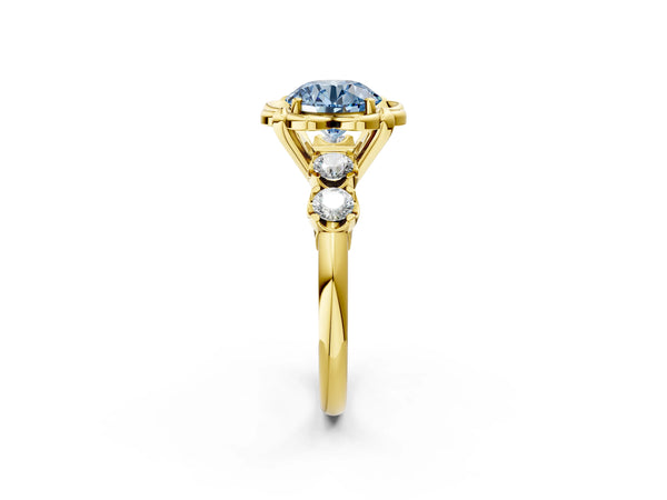 Yellow gold Fancy Blue Round  Cut Diamond Floral Halo Engagement Ring with Shared Prong Setting