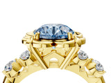 Yellow gold Fancy Blue Round  Cut Diamond Floral Halo Engagement Ring with Shared Prong Setting