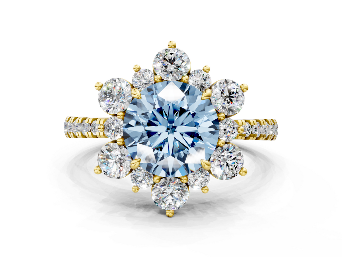 Yellow gold Fancy Blue Round  Cut Diamond Floral Halo Pave Band with Prong Setting_37