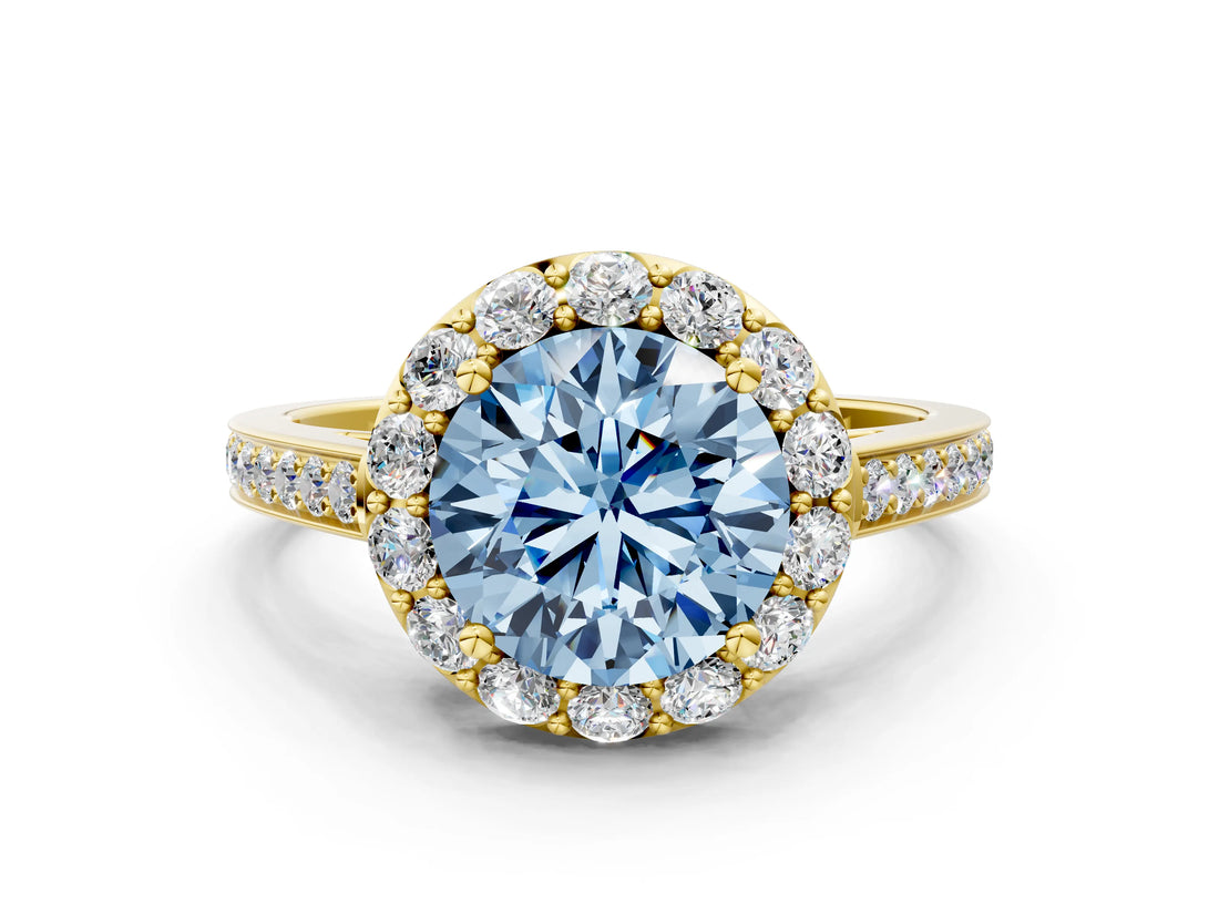 Yellow gold Fancy Blue Round Cut Diamond Floral Halo Ring with Pavé Band and Prong Setting_3