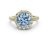 Yellow gold Fancy Blue Round Cut Diamond Floral Halo Ring with Pavé Band and Prong Setting_3