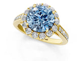Yellow gold Fancy Blue Round Cut Diamond Floral Halo Ring with Pavé Band and Prong Setting_4