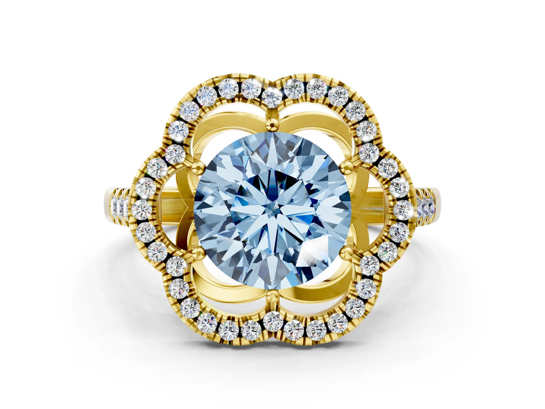 Yellow gold Fancy Blue Round Cut Diamond Floral Halo Split Shank Prong Setting Ring