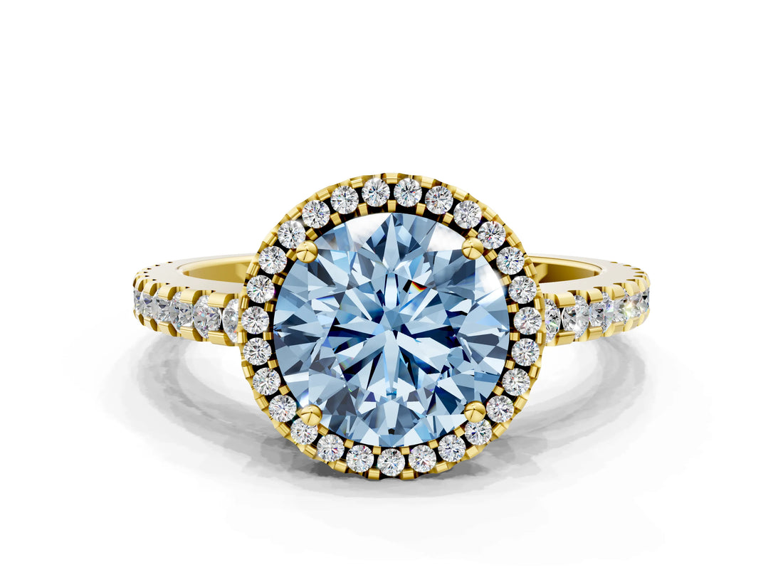 Yellow gold Fancy Blue Round Cut Diamond Halo Engagement Ring with Pavé Band and Prong Setting_27