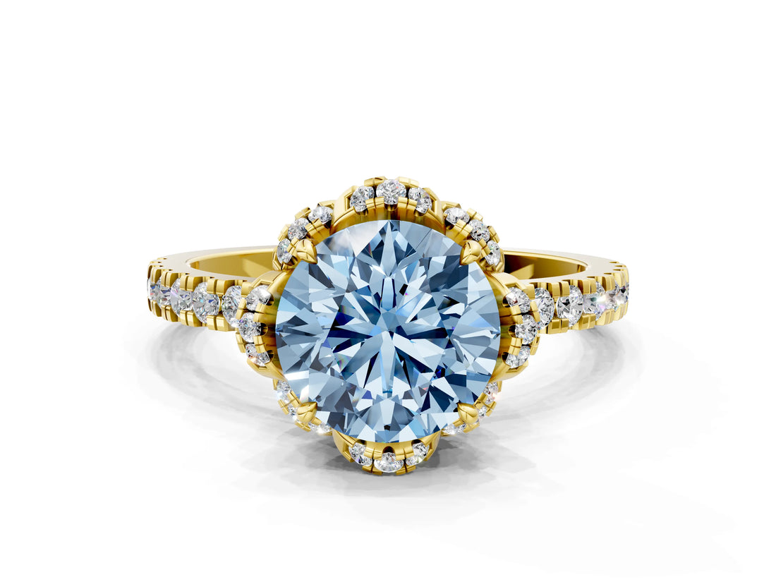 Yellow gold Fancy Blue Round Cut Diamond Halo Pave Band with Four-Prong Setting_3