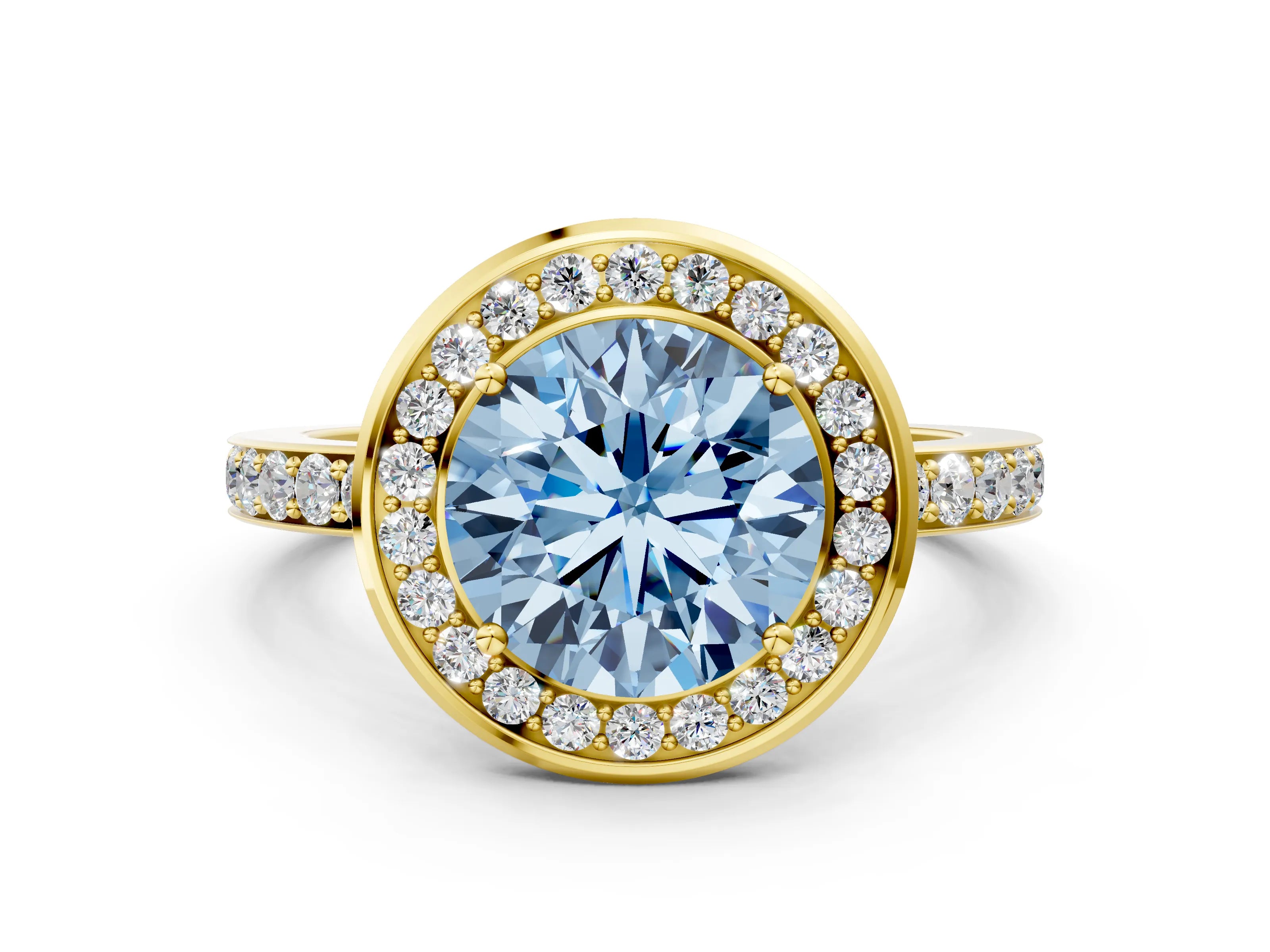 Yellow gold Fancy Blue Round Cut Diamond Halo Ring with Bezel Frame and Pavé Band