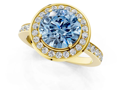 Yellow gold Fancy Blue Round Cut Diamond Halo Ring with Bezel Frame and Pavé Band_1