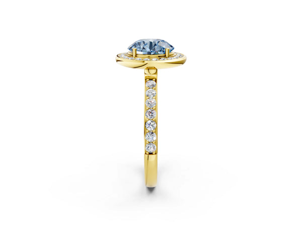 Yellow Gold Round Pave Bezel-Rim Halo Engagement Ring Setting for Fancy Blue Center
