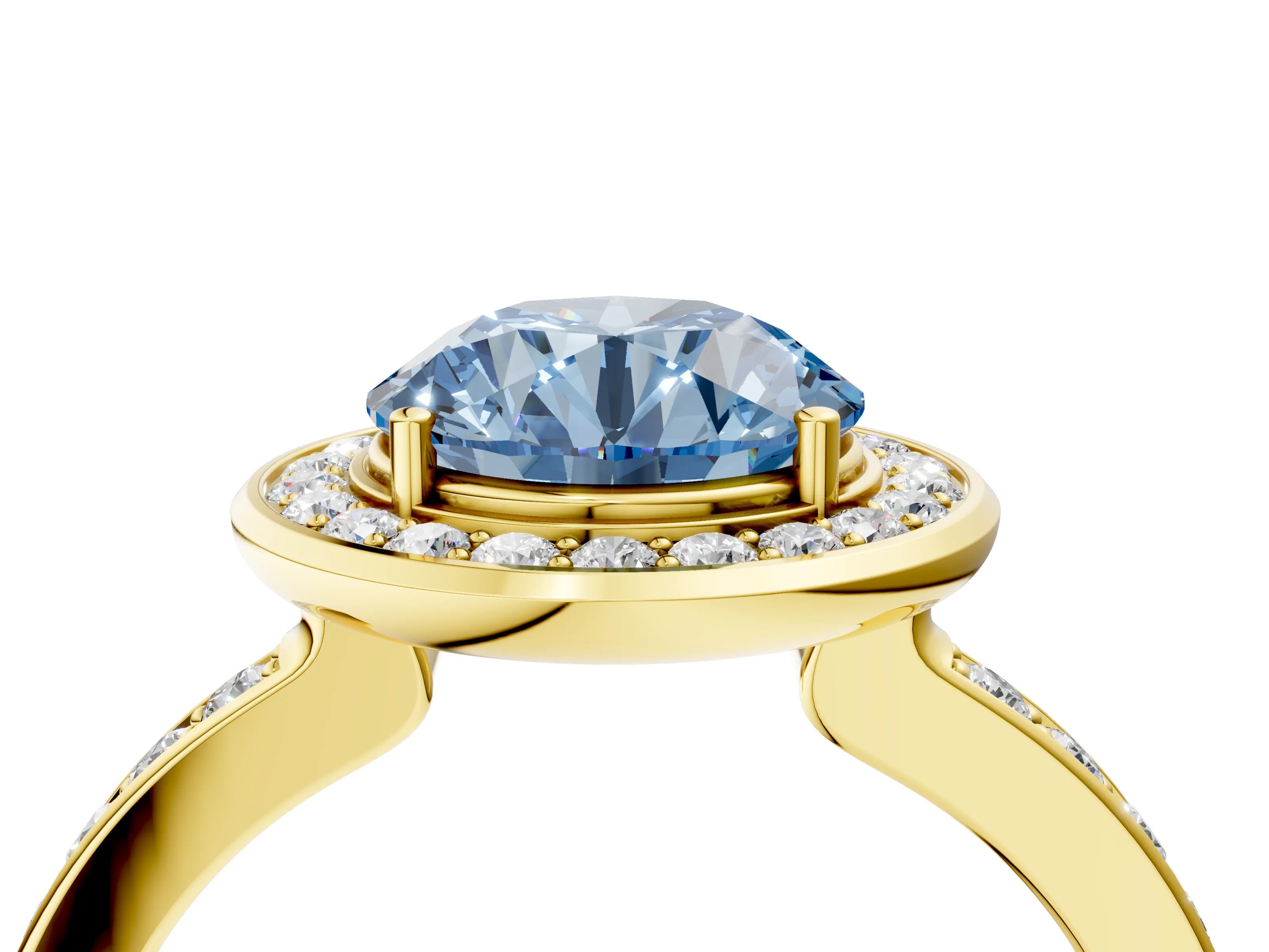 Yellow gold Fancy Blue Round Cut Diamond Halo Ring with Bezel Frame and Pavé Band_4