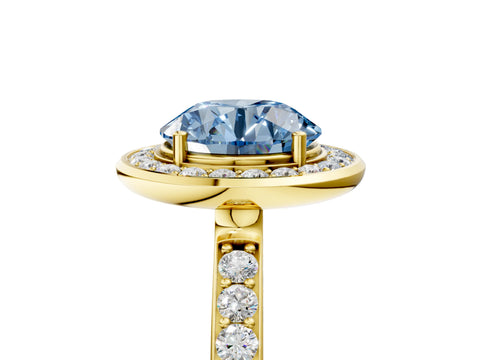 Yellow gold Fancy Blue Round Cut Diamond Halo Ring with Bezel Frame and Pavé Band_5