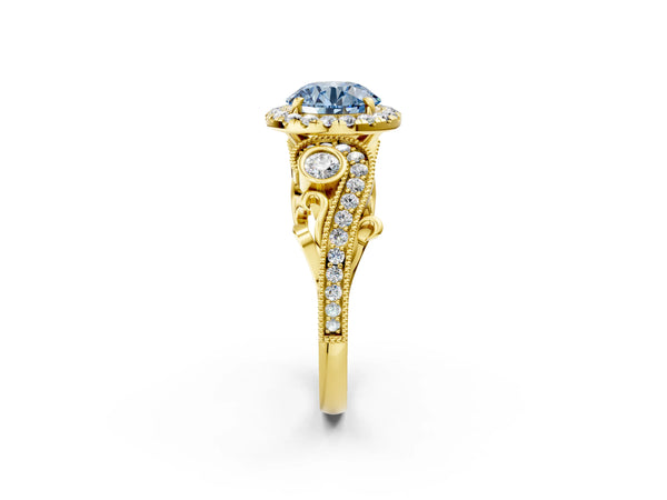 Yellow Gold Round Halo Engagement Ring Setting for Fancy Blue Center with Bezel Accents