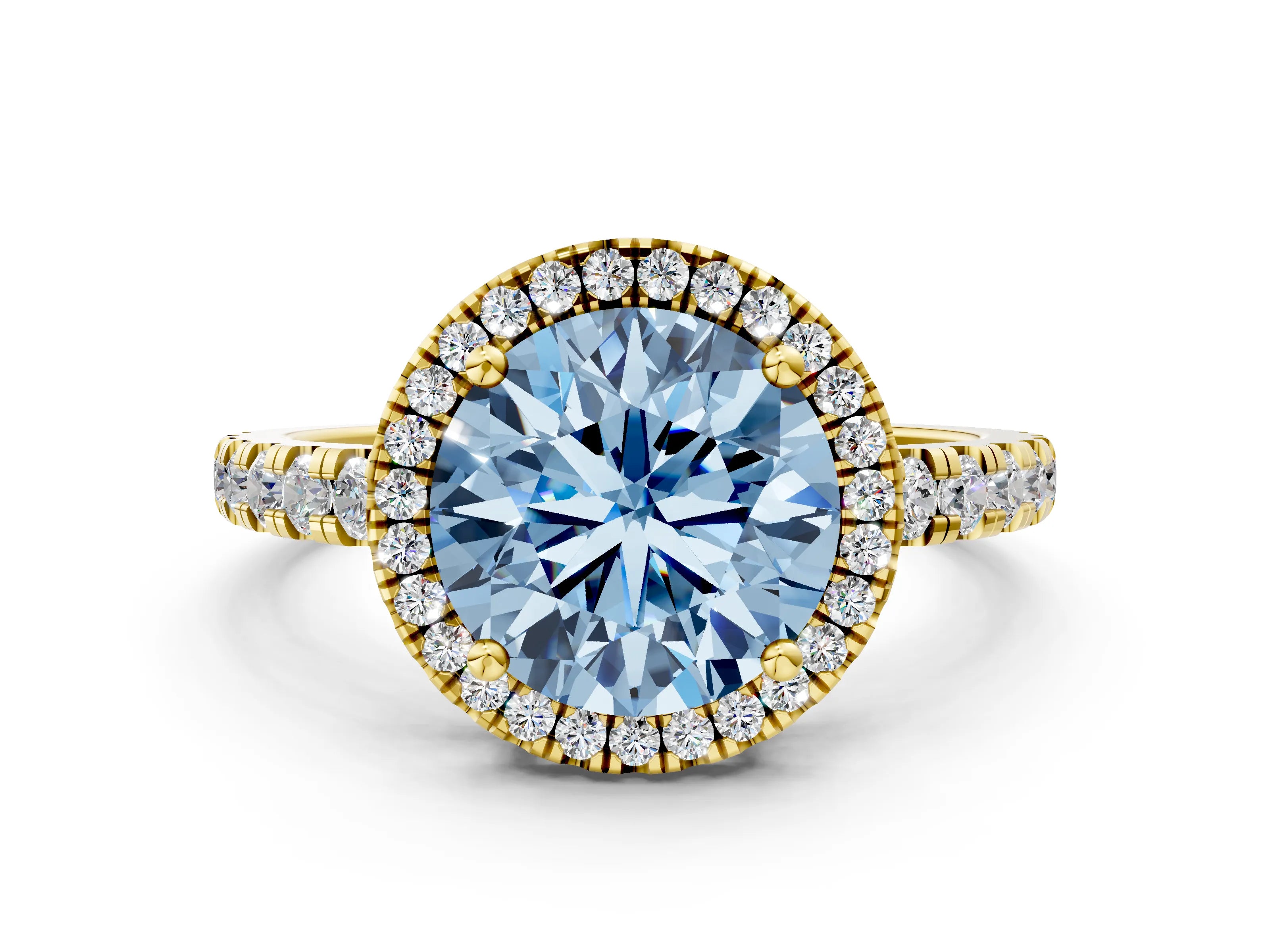 Yellow gold Fancy Blue Round Cut Diamond Halo Ring with Pavé Band and Four-Prong Setting