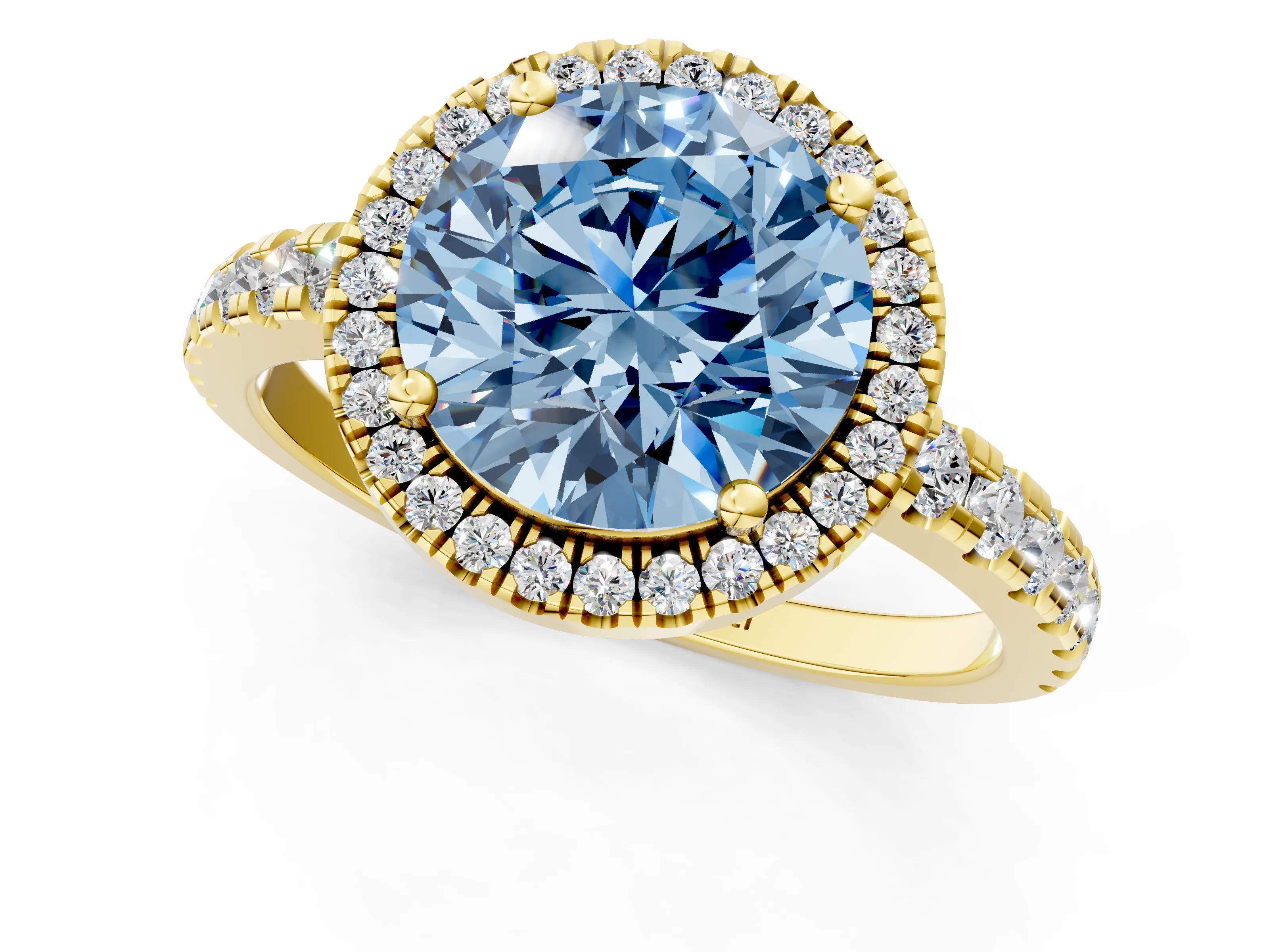 Yellow gold Fancy Blue Round Cut Diamond Halo Ring with Pavé Band and Four-Prong Setting_1