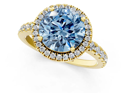 Yellow gold Fancy Blue Round Cut Diamond Halo Ring with Pavé Band and Four-Prong Setting_1