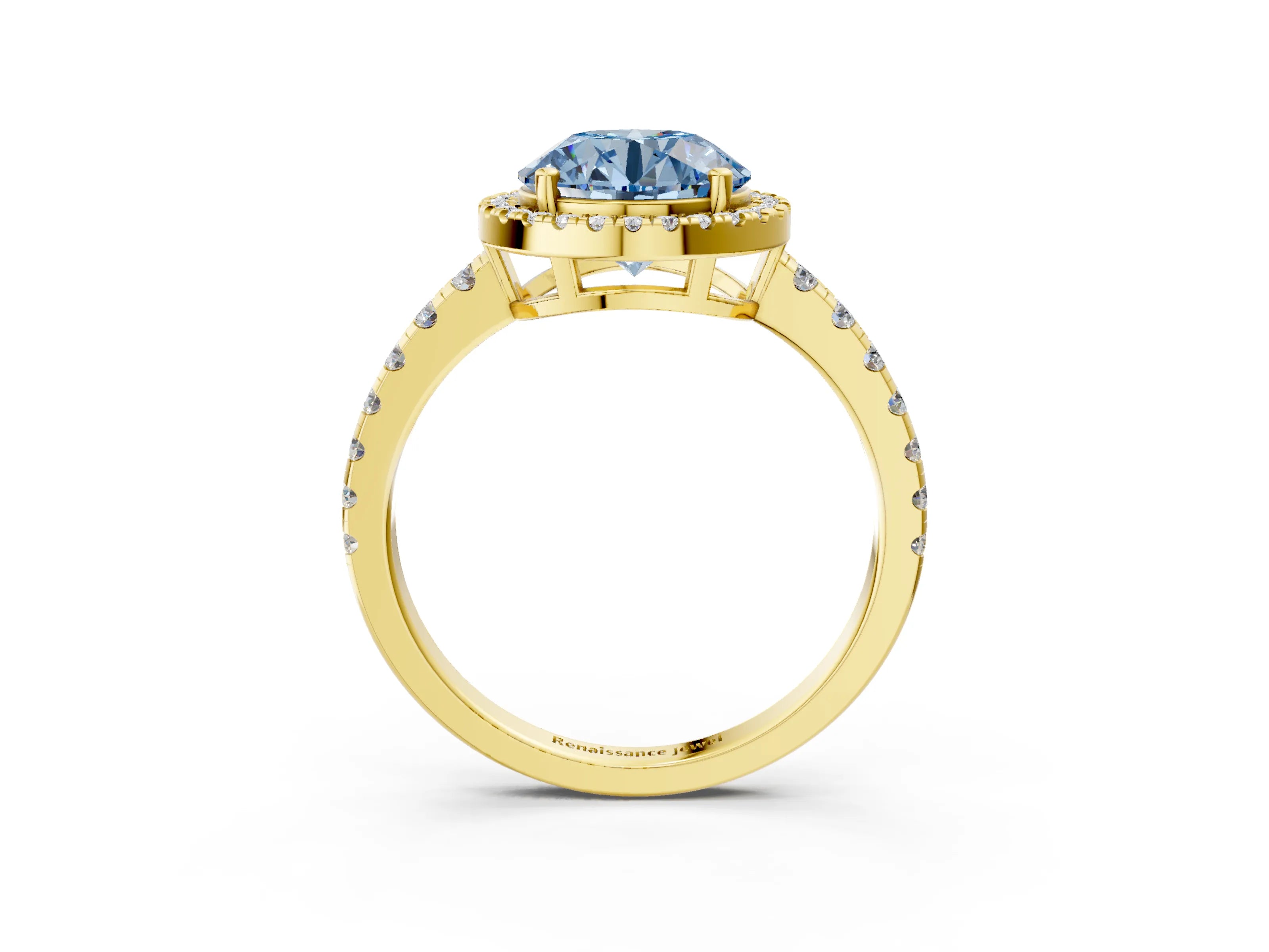 Yellow gold Fancy Blue Round Cut Diamond Halo Ring with Pavé Band and Four-Prong Setting_3