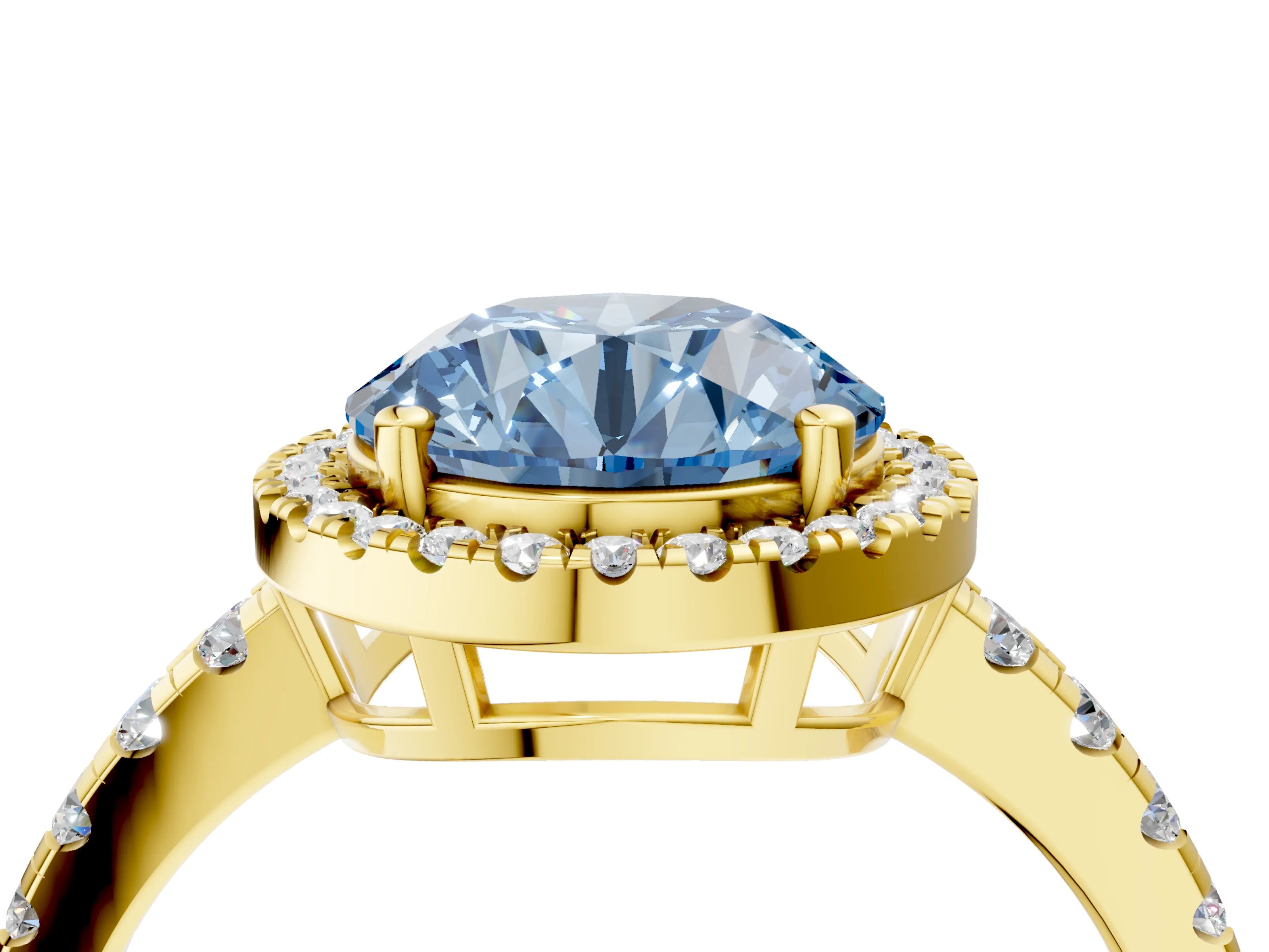 Yellow gold Fancy Blue Round Cut Diamond Halo Ring with Pavé Band and Four-Prong Setting_4