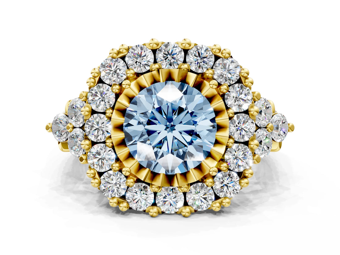 Yellow gold Fancy Blue Round Cut Diamond Halo Ring with Pavé Band and Four-Prong Setting_41