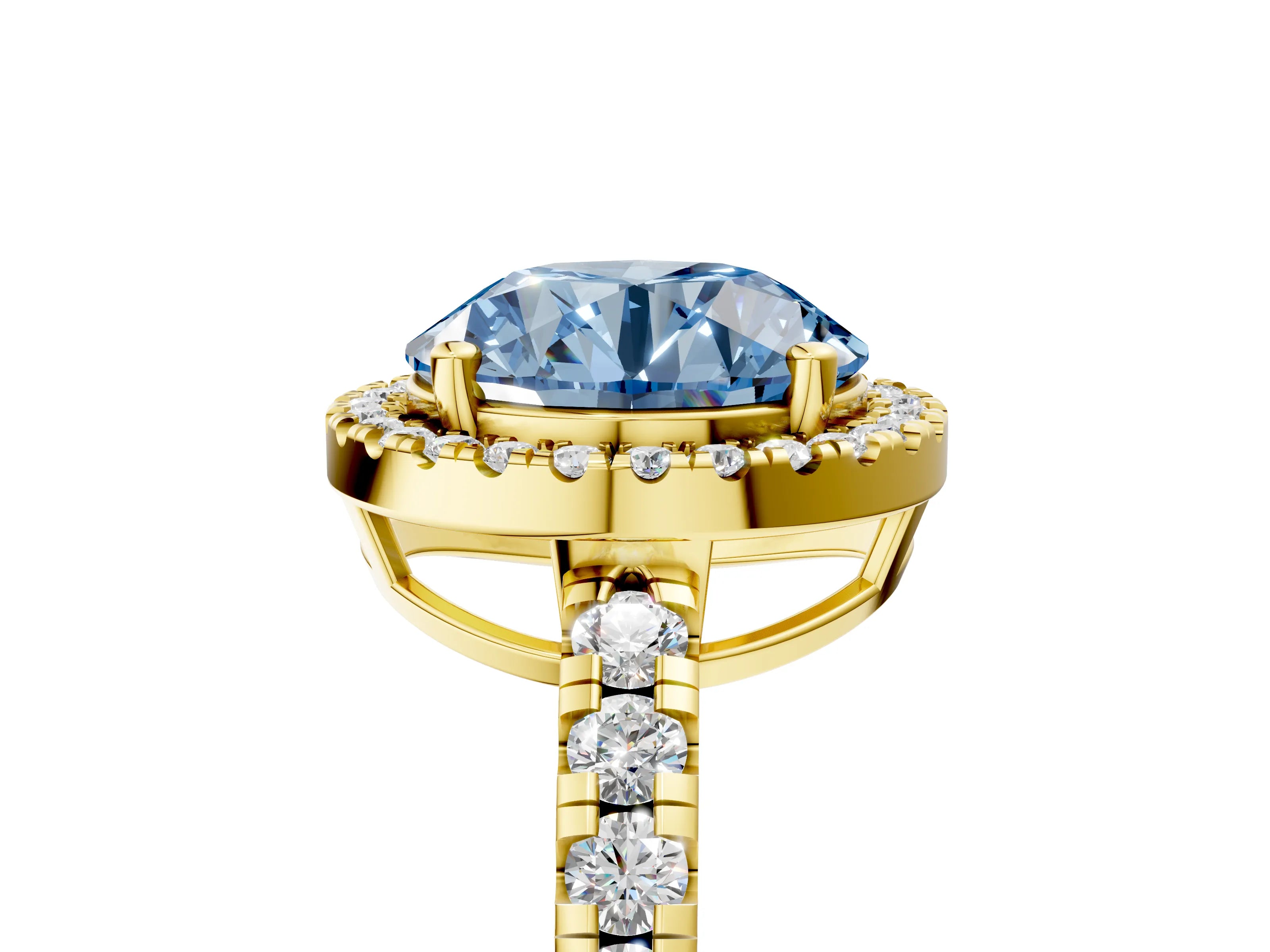 Yellow gold Fancy Blue Round Cut Diamond Halo Ring with Pavé Band and Four-Prong Setting_5